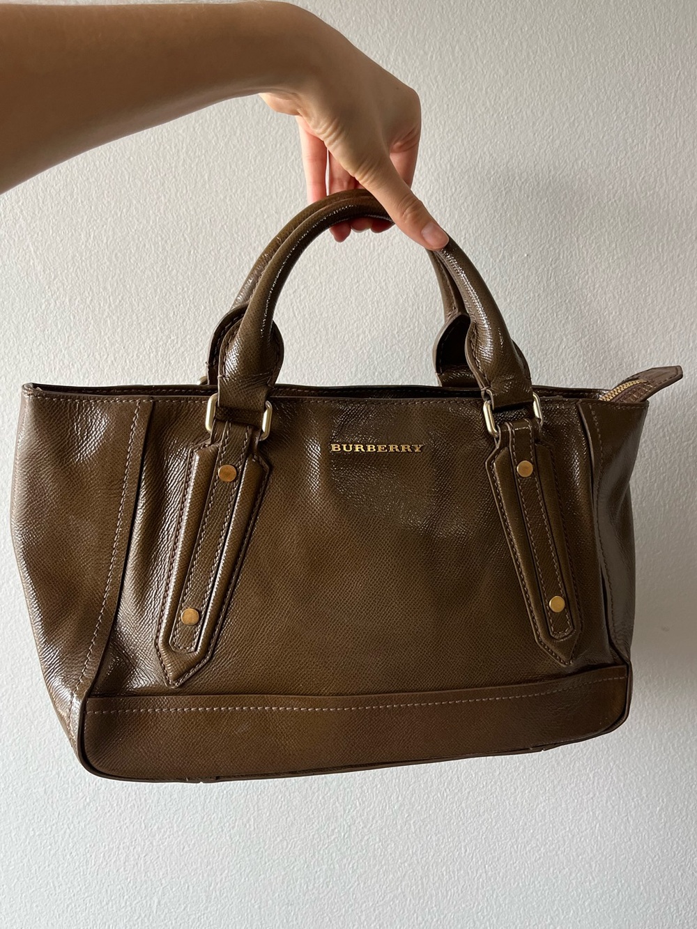 Burberry green/brown Leather Top-Handle Satchel with Gold Hardware